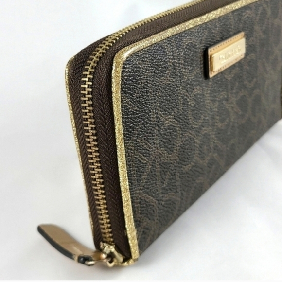 Calvin Klein Monogram Logo Continental Brown Gold Zip Around Wallet - Picture 4 of 16